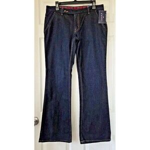 THRE3 Women's Dark Wash Blue Denim Jeans Mid Rise Flare Leg Size 12 NWT